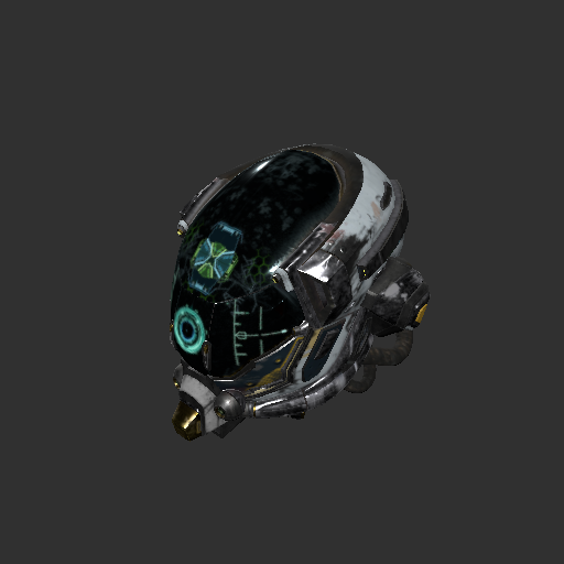 Three-quarter studio render of a damaged helmet model produced by meshcheck's fixed camera rig